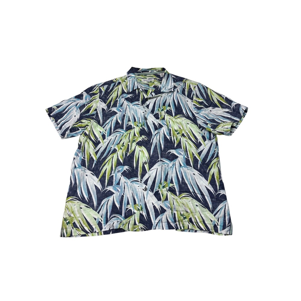 Tommy Bahama Mens Large Blue Green Palm‎ Leaf Print 100% Linen Camp Shirt L